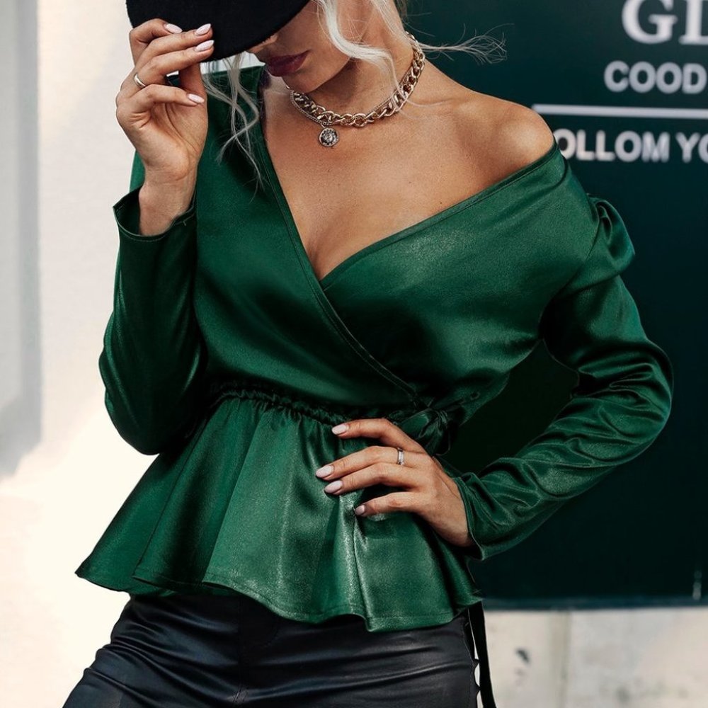 Emerald Green V-neck Satin Peplum Blouse - Picture 3 of 6